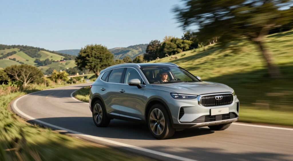 A modern SUV driving through an open, winding road surrounded by lush green hills and a clear blue sky. In the foreground, the SUV is shown in motion, slightly tilted as it navigates a curve, highlighting its sporty design and robust features. The driver, dressed in smart casual attire, appears focused and engaged, exemplifying the active experience of test driving. In the middle ground, soft sunlight filters through the trees, casting playful shadows on the road, creating a warm and inviting atmosphere. The background features a picturesque landscape, enhancing the sense of adventure. Capture this scene from a dynamic angle, emphasizing the car's performance and the excitement of exploring new terrains. The overall mood should convey both excitement and professionalism, perfect for showcasing the importance of test driving an SUV. A modern SUV driving through an open, winding road surrounded by lush green hills and a clear blue sky. In the foreground, the SUV is shown in motion, slightly tilted as it navigates a curve, highlighting its sporty design and robust features. The driver, dressed in smart casual attire, appears focused and engaged, exemplifying the active experience of test driving. In the middle ground, soft sunlight filters through the trees, casting playful shadows on the road, creating a warm and inviting atmosphere. The background features a picturesque landscape, enhancing the sense of adventure. Capture this scene from a dynamic angle, emphasizing the car's performance and the excitement of exploring new terrains. The overall mood should convey both excitement and professionalism, perfect for showcasing the importance of test driving an SUV.