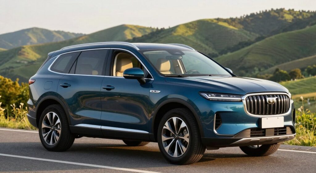 A modern SUV parked on a scenic road, showcasing its robust design and spacious interior. In the foreground, the SUV gleams under the warm afternoon sun, reflecting a deep blue hue on its sleek body. The middle section features the SUV's inviting window, revealing a neatly arranged, stylish interior with comfortable seats. In the background, a picturesque landscape unfolds: rolling hills and vibrant greenery, suggesting adventure and versatility. The angle captures the SUV slightly from the front, emphasizing its impressive grille and stance. Soft, natural lighting enhances the vehicle's contours, creating a welcoming and aspirational atmosphere. The overall mood conveys confidence, practicality, and an ideal choice for families or adventure seekers.