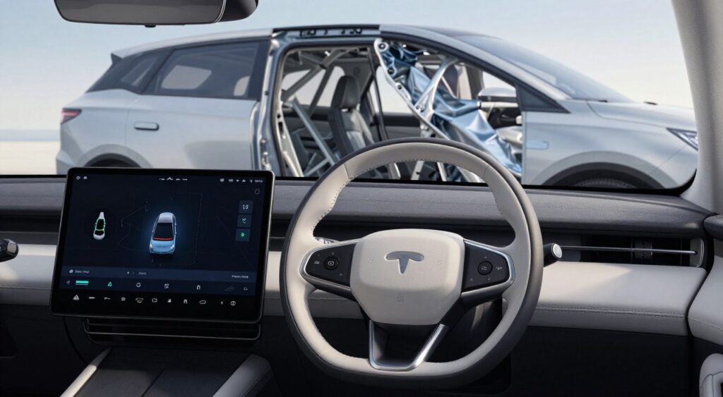 A modern automobile interior showcasing high-tech safety features. In the foreground, display an advanced dashboard with a digital interface highlighting features like blind spot monitoring and adaptive cruise control. In the middle ground, focus on the steering wheel with integrated safety controls and a prominent airbag indicator. In the background, portray the car's exterior with crumple zones and reinforced structure visible through an open door. Bright, natural lighting enhances the sleek lines and materials of the vehicle, creating an inviting atmosphere. Capture the scene from a slightly elevated angle, emphasizing the car's safety innovations. The mood is professional and informative, designed to reflect trust in automotive technology.