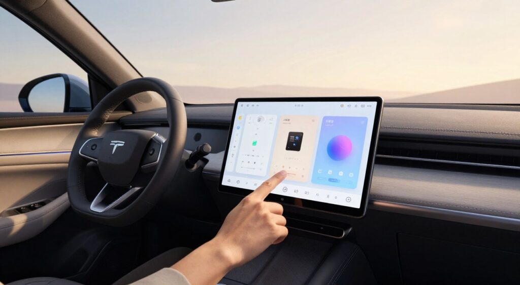 A modern automobile interior showcasing smartphone integration, featuring a state-of-the-art dashboard with a large touchscreen display. The foreground captures a close-up of a hand interacting with the touchscreen, illuminated by soft ambient lighting to create a welcoming atmosphere. In the middle, the dashboard includes intuitive app interfaces for navigation and music, seamlessly blending technology with functionality. The background reveals the spacious cabin of the car, accented by leather seats and futuristic design elements. The scene is set in a sunny day with warm natural light streaming through the windows, enhancing the high-tech vibe. The mood is innovative and connected, embodying the future of automotive technology.