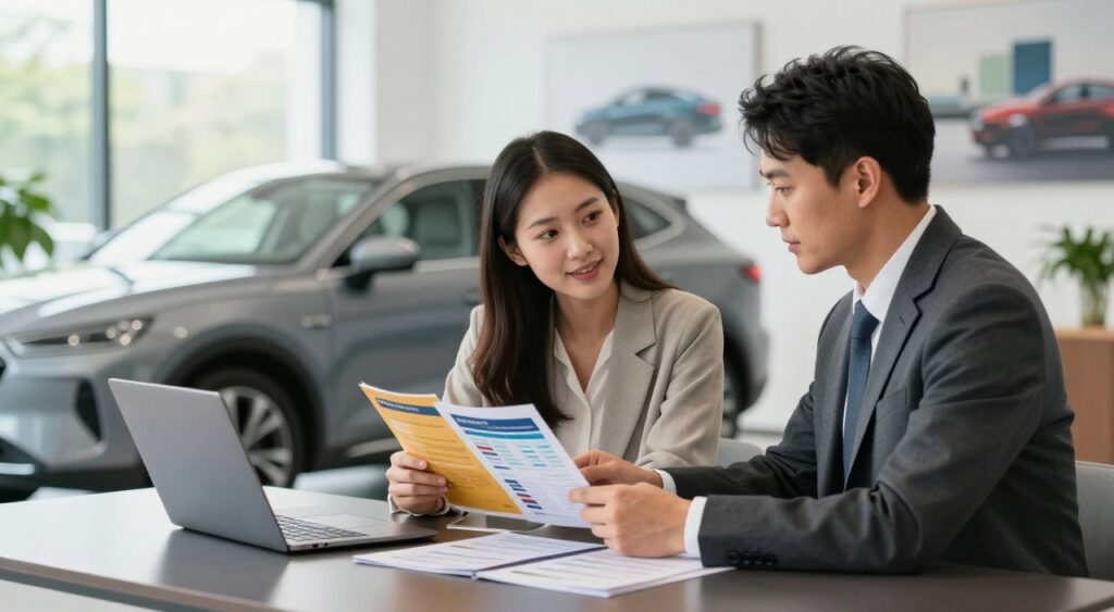 A modern automotive financing scene showcasing a professional advisor sitting at a sleek desk with a laptop, reviewing auto loan options with a young couple dressed in smart casual wear. In the foreground, the couple appears engaged and attentive, examining colorful brochures and a tablet displaying financing figures. The middle ground includes a stylish car model in the background, softly illuminated by natural light coming through large windows. The background features a modern office environment with abstract automotive-themed artwork on the walls and green plants adding a touch of tranquility. The overall mood is optimistic and professional, emphasizing knowledge and opportunity in automotive financing, with a warm and inviting atmosphere. Use soft, diffuse lighting to create a welcoming ambiance, focusing on clarity and engagement.