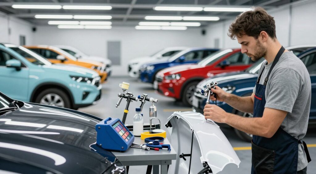 A modern automotive refinishing shop, showcasing a clean and organized workspace. In the foreground, a technician in a professional shirt and apron carefully applies a glossy coat of paint to a sleek car body, with precise attention to detail. The middle area features an array of tools and equipment, including spray guns and color-matching systems, expertly arranged on a workbench. The background reveals rows of finished vehicles in vibrant colors under bright fluorescent lights, emphasizing an inviting and productive atmosphere. The scene captures the essence of craftsmanship and dedication to maintaining a vehicle's finish, with a focus on quality and professionalism. The lighting is bright and clear, creating a sense of innovation and trust in the automotive industry.