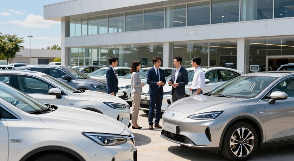 A modern car dealership during a bright, sunny day, showcasing a sleek line of top-rated vehicles in the foreground, including a variety of popular car models. The middle ground features friendly sales representatives in professional business attire engaging with customers, displaying a welcoming atmosphere. In the background, a spacious showroom is visible, with large glass windows reflecting the vibrant blue sky. Emphasize natural sunlight illuminating the scene, creating a warm and inviting mood. Capture the dealership's branding subtly on the exterior while avoiding any text or logos. Use a wide-angle lens to enhance the depth and clarity of the composition, focusing on a sense of professionalism and customer satisfaction in the car-buying experience.