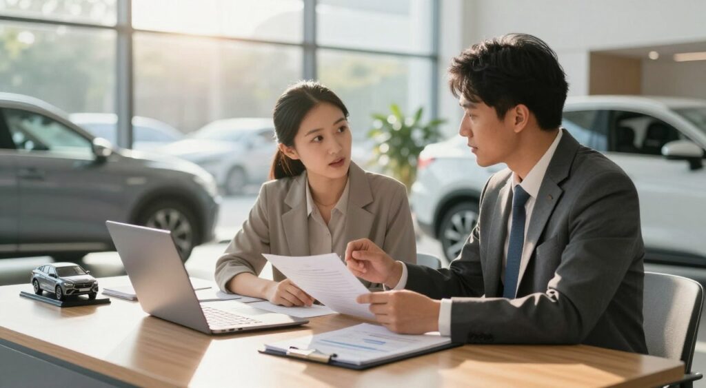 A modern car dealership office scene, showcasing a professional financial advisor in business attire discussing auto financing options with a couple sitting across the desk. The foreground features a polished wooden desk with a laptop, financial documents, and a car model. In the middle, the couple seems engaged, looking at the paperwork with expressions of interest and curiosity. The background showcases a large window with bright sunlight streaming in, illuminating various vehicles on display outside. The atmosphere is warm and inviting, reflecting a sense of trust and professionalism, emphasizing the concept of making informed financing decisions for purchasing a vehicle. Soft shadows enhance the depth, while a subtle bokeh effect adds focus to the main subjects.