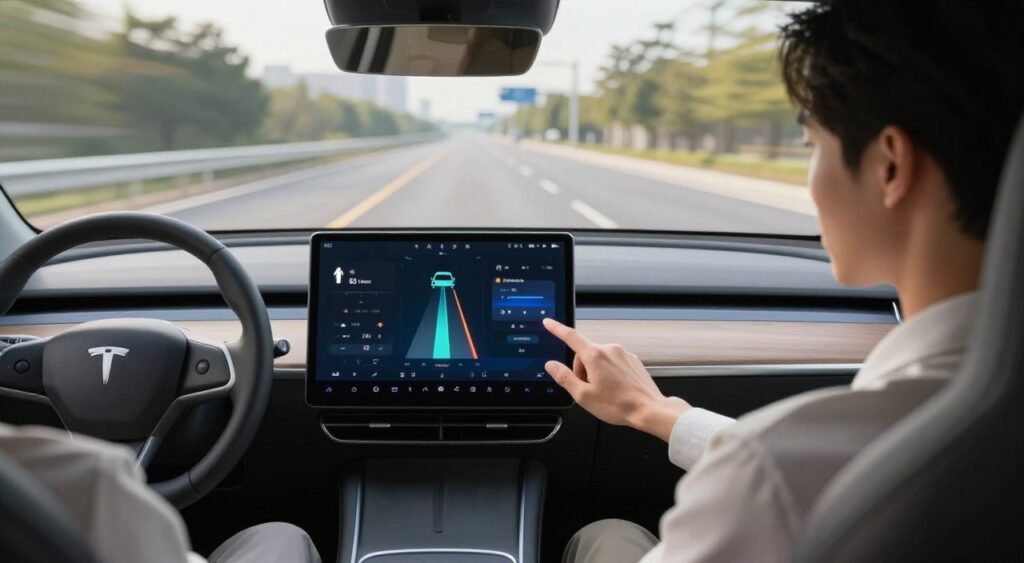 A modern car interior featuring a sleek and sophisticated infotainment system in focus, with a driver attentively engaging with the touchscreen interface. The driver, a professional in smart casual attire, looks focused yet at ease, showcasing the importance of keeping attention on the road. The infotainment display is illuminated with vibrant graphics showing safety features like lane assistance and collision warnings. In the background, a highway setting through the windshield is softly blurred to convey motion and a sense of driving. Soft natural lighting enhances the interior ambiance, while a slight glare on the touchscreen reflects innovative technology. The atmosphere is both inviting and high-tech, emphasizing safety and driver awareness amidst a seamless blend of information and entertainment.