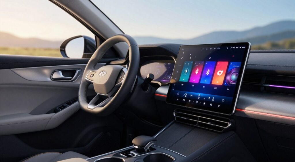 A modern car interior featuring a sleek, high-tech audio system console prominently in the foreground. The console displays Bluetooth connectivity icons and a vibrant touchscreen interface with colorful music visuals. In the middle ground, a view of a stylish steering wheel integrates convenience controls for the audio system. The background reveals a panoramic window showcasing a scenic drive, with soft sunlight streaming into the car, casting subtle reflections on the dashboard. The overall atmosphere is energetic yet relaxing, emphasizing the enjoyment of listening to music on the go. Ensure the scene captures intricate details like LED lighting and quality textures. The image should focus on functionality and aesthetic appeal, inviting viewers to explore the ultimate in car audio technology.