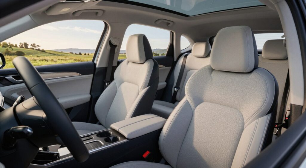 A modern car interior focused on passive safety features, showcasing a well-designed dashboard with airbags, reinforced seat structures, and advanced seatbelt systems in detail. In the foreground, a close-up of a high-quality steering wheel with integrated safety buttons. In the middle, the front seats highlight plush upholstery engineered for collision protection, and the back seats feature child safety locks. The background displays a panoramic view of a serene, sunlit landscape through the windshield, creating a calm and reassuring mood. Use soft, natural lighting to emphasize the car's sleek lines and safety design elements, and capture the scene with a wide-angle lens to enhance depth and perspective. A modern car interior focused on passive safety features, showcasing a well-designed dashboard with airbags, reinforced seat structures, and advanced seatbelt systems in detail. In the foreground, a close-up of a high-quality steering wheel with integrated safety buttons. In the middle, the front seats highlight plush upholstery engineered for collision protection, and the back seats feature child safety locks. The background displays a panoramic view of a serene, sunlit landscape through the windshield, creating a calm and reassuring mood. Use soft, natural lighting to emphasize the car's sleek lines and safety design elements, and capture the scene with a wide-angle lens to enhance depth and perspective.