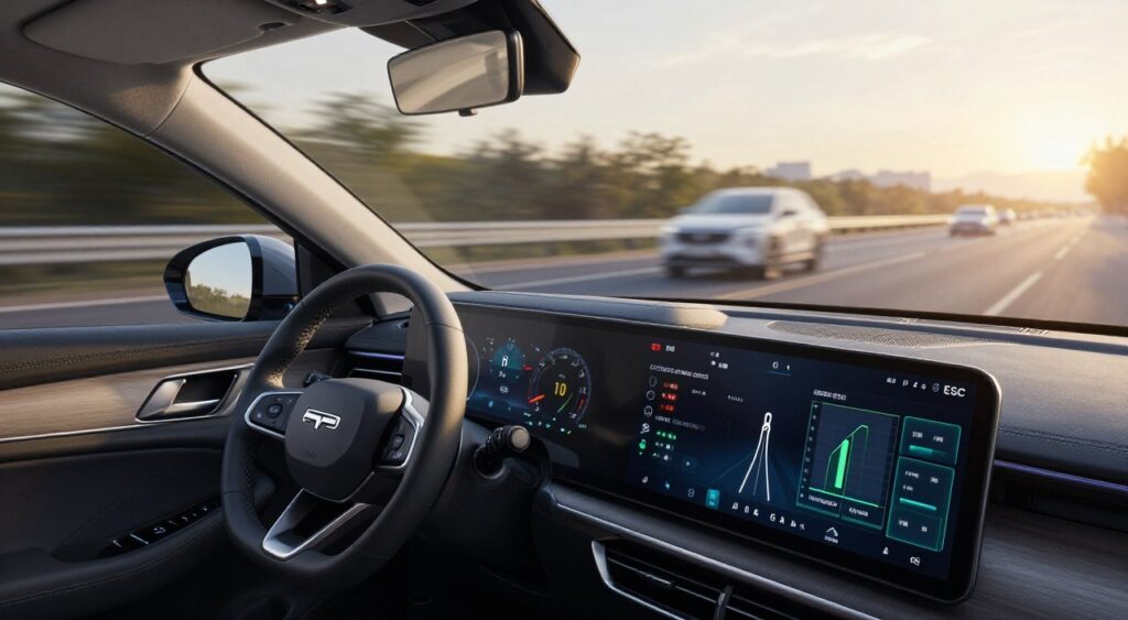 A modern car interior showcasing Electronic Stability Control (ESC) technology. In the foreground, a high-resolution digital dashboard displays dynamic graphs and data monitoring the vehicle's stability, with indicators for traction and yaw. The middle layer features a sleek steering wheel with integrated controls, symbolizing driver engagement and technology. The background illustrates a busy road, slightly blurred to emphasize motion, with subtle lighting effects mimicking a late afternoon sun, casting warm hues throughout the interior. The mood should convey safety, innovation, and confidence in driving. Use a wide-angle lens perspective to encapsulate the entire interior space, highlighting the advanced features of ESC in action, while ensuring a clean, professional aesthetic without any text or distractions. A modern car interior showcasing Electronic Stability Control (ESC) technology. In the foreground, a high-resolution digital dashboard displays dynamic graphs and data monitoring the vehicle's stability, with indicators for traction and yaw. The middle layer features a sleek steering wheel with integrated controls, symbolizing driver engagement and technology. The background illustrates a busy road, slightly blurred to emphasize motion, with subtle lighting effects mimicking a late afternoon sun, casting warm hues throughout the interior. The mood should convey safety, innovation, and confidence in driving. Use a wide-angle lens perspective to encapsulate the entire interior space, highlighting the advanced features of ESC in action, while ensuring a clean, professional aesthetic without any text or distractions.