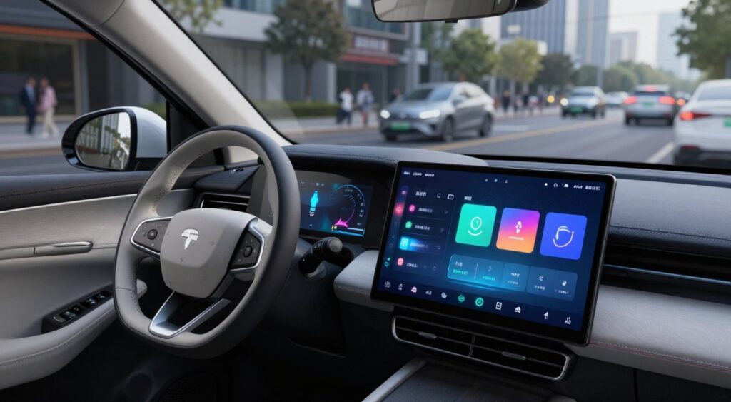 A modern car interior showcasing advanced driver assistance systems (ADAS) features. In the foreground, focus on a sleek dashboard displaying a high-tech interface with digital navigation and safety alerts glowing in vibrant colors. The middle ground features a close-up of a sophisticated steering wheel equipped with controls for adaptive cruise control and lane-keeping assistance. In the background, a panoramic view through the windshield reveals a busy urban environment, highlighting other vehicles and pedestrians demonstrating the car's smart safety technology in action. The scene is illuminated by soft ambient lighting, creating a futuristic and informative atmosphere, shot from a slight angle to convey depth and innovation. A modern car interior showcasing advanced driver assistance systems (ADAS) features. In the foreground, focus on a sleek dashboard displaying a high-tech interface with digital navigation and safety alerts glowing in vibrant colors. The middle ground features a close-up of a sophisticated steering wheel equipped with controls for adaptive cruise control and lane-keeping assistance. In the background, a panoramic view through the windshield reveals a busy urban environment, highlighting other vehicles and pedestrians demonstrating the car's smart safety technology in action. The scene is illuminated by soft ambient lighting, creating a futuristic and informative atmosphere, shot from a slight angle to convey depth and innovation.