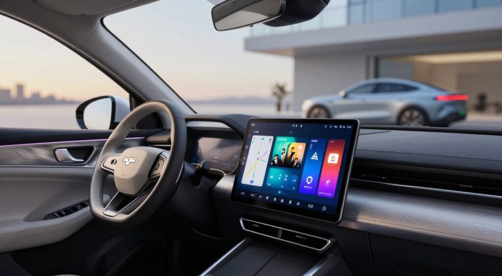 A modern car interior showcasing advanced in-car technology, focusing on an infotainment system with a sleek touchscreen interface displaying navigation and music options. In the foreground, show a close-up of the touchscreen, with intuitive icons and vibrant colors. The middle ground features a stylish dashboard with metallic accents and ambient lighting, creating a high-tech feel. In the background, include a panoramic view of the car’s sleek design, possibly with blurred city lights outside the windows, adding a dynamic atmosphere. Capture the scene with soft, natural lighting emphasizing glossy surfaces, using a wide-angle lens perspective to enhance the spaciousness of the interior, evoking a mood of innovation and comfort.