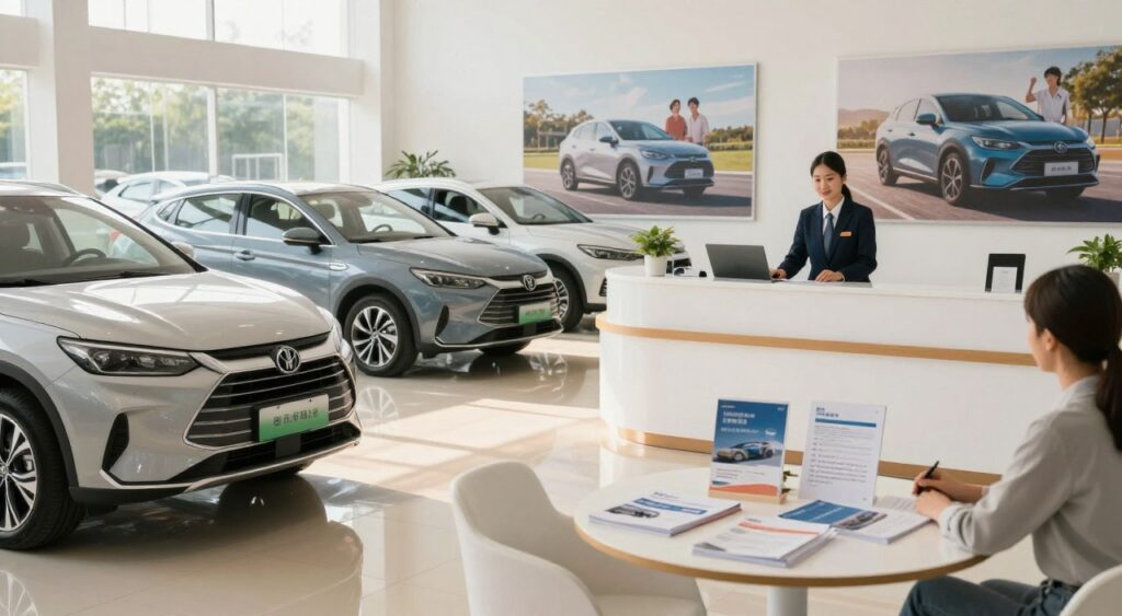 A modern car leasing office interior, bright and welcoming, features a sleek reception desk with an employee in professional attire assisting customers. In the foreground, there's a stylish range of cars displayed, showcasing various models available for leasing, from compact sedans to SUVs. The middle ground includes a round table with brochures and informational materials about leasing options. Soft, natural lighting filters through large windows, casting warm reflections on polished floors. In the background, inspirational images of happy families and individuals driving their leased cars create a positive atmosphere. The overall mood is friendly and informative, emphasizing choice and accessibility in car leasing.