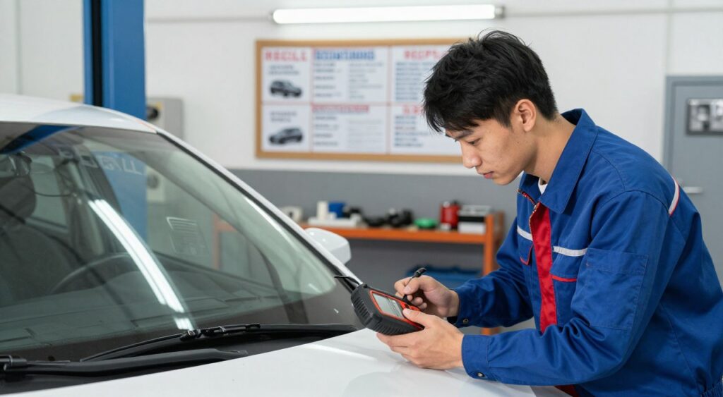 A modern car with a prominent recall notice displayed on the windshield, parked in a well-lit garage. In the foreground, a focused mechanic wearing a neat uniform is inspecting the car, holding a diagnostic tool. The middle ground features a clean, organized workspace with tools and parts, emphasizing professionalism and safety. In the background, soft ambient lighting highlights a bulletin board filled with car recall notices and safety information, creating an informative atmosphere. The overall mood is one of diligence and preparedness, aiming to symbolize vigilance in car safety. The angle captures the mechanic's attentive expression and the details of the car's design, ensuring the scene feels engaging and relevant.