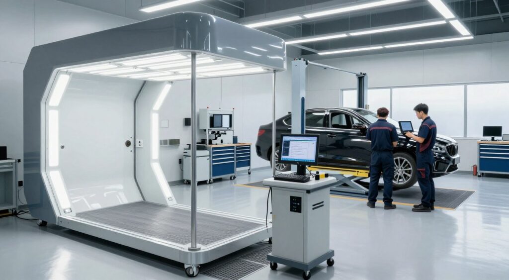 A modern collision repair center showcasing advanced technology and tools. In the foreground, a state-of-the-art paint booth with a sleek, futuristic design, bright LED lighting illuminating the workspace. In the middle ground, skilled technicians in professional work attire meticulously assessing a vehicle on a hydraulic lift, utilizing digital diagnostic tools and computers displaying real-time data. The background features organized tool storage, high-tech equipment like a frame machine, and a clear view of a spray area. The atmosphere is bright and efficient, conveying a sense of innovation and expertise in vehicle restoration. The angle captures the entire workspace, highlighting the integration of technology in modern body repairs, with clean lines and a polished look.