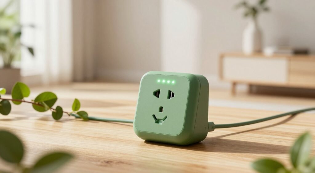 A modern, eco-friendly plug socket designed with sleek curves and a matte green finish, symbolizing sustainability. In the foreground, the socket features energy-efficient LED indicators softly glowing, demonstrating its eco-friendly function. The middle ground showcases a natural wood surface, with leafy plants arching around the socket, promoting the theme of green energy. In the background, a bright, sunlit room filled with light colored walls and minimalistic furniture enhances the airy, clean atmosphere. Soft, diffused natural light casts gentle shadows, creating a warm and inviting mood. The scene captures a harmonious blend of technology and nature, representing innovative eco-friendly practices in electrical supplies. A modern, eco-friendly plug socket designed with sleek curves and a matte green finish, symbolizing sustainability. In the foreground, the socket features energy-efficient LED indicators softly glowing, demonstrating its eco-friendly function. The middle ground showcases a natural wood surface, with leafy plants arching around the socket, promoting the theme of green energy. In the background, a bright, sunlit room filled with light colored walls and minimalistic furniture enhances the airy, clean atmosphere. Soft, diffused natural light casts gentle shadows, creating a warm and inviting mood. The scene captures a harmonious blend of technology and nature, representing innovative eco-friendly practices in electrical supplies.