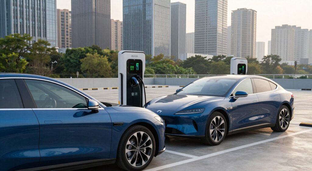 A modern electric vehicle charging at a sleek, futuristic charging station in an urban setting. In the foreground, the car is a glossy deep blue sedan with streamlined curves, reflecting the sunlight. The middle area features a well-designed charging station with digital displays showing charging status and eco-friendly symbols. In the background, a bustling cityscape with tall, modern skyscrapers and green spaces, symbolizing sustainability. Soft, warm lighting suggests a late afternoon ambiance, enhancing the vehicle’s highlights. The angle is slightly elevated, providing a dynamic view of the car with the city life around it, conveying a sense of progress and innovation in electric mobility.