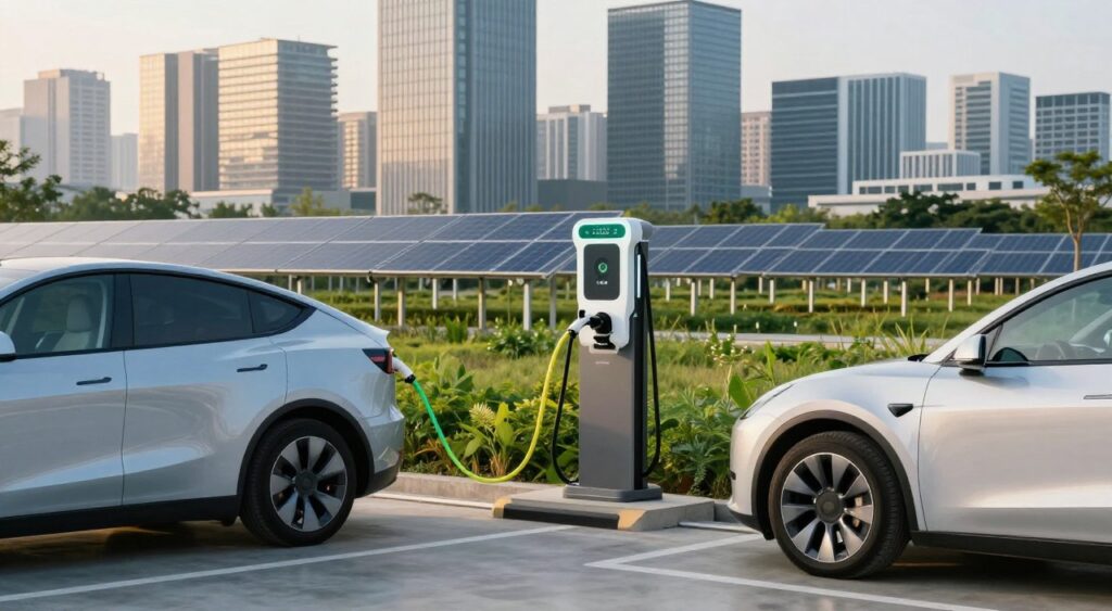 A modern electric vehicle charging station in a sleek urban setting. In the foreground, a stylish electric car is parked near a high-tech charging unit, with a vibrant charging cable connecting the vehicle to the station. The middle ground features an array of solar panels and greenery, blending sustainability with technology. In the background, a skyline of futuristic buildings reflects early morning sunlight, creating a warm and optimistic atmosphere. The scene is softly illuminated by natural light, casting gentle shadows. A wide-angle perspective captures the entire scene, emphasizing innovation and eco-friendliness. The mood is hopeful and progressive, representing the future of transportation and energy. A modern electric vehicle charging station in a sleek urban setting. In the foreground, a stylish electric car is parked near a high-tech charging unit, with a vibrant charging cable connecting the vehicle to the station. The middle ground features an array of solar panels and greenery, blending sustainability with technology. In the background, a skyline of futuristic buildings reflects early morning sunlight, creating a warm and optimistic atmosphere. The scene is softly illuminated by natural light, casting gentle shadows. A wide-angle perspective captures the entire scene, emphasizing innovation and eco-friendliness. The mood is hopeful and progressive, representing the future of transportation and energy.