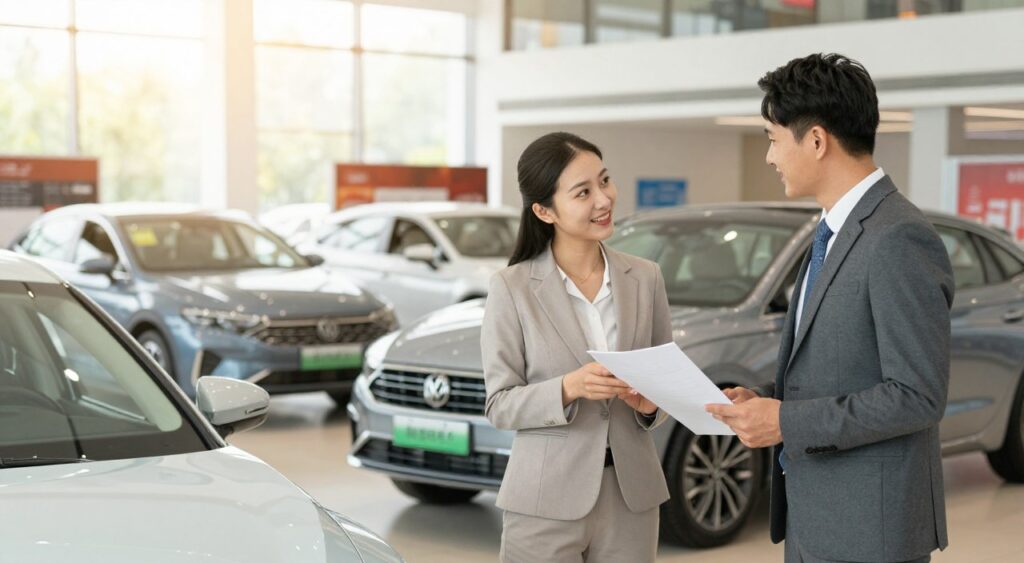 A modern, elegant car dealership showroom with a range of cars displayed prominently. In the foreground, a professional-looking couple, dressed in business attire, are discussing financing options with a friendly car salesperson holding documents, showcasing a positive interaction. In the middle ground, sleek automobiles of various models are arranged attractively, highlighting the concept of choice. The background features large windows letting in soft, natural light, creating a bright and inviting atmosphere. The lighting is warm and inviting, enhancing the colors of the cars and the professionalism of the setting. Capturing the mood of hope and excitement for future car ownership, the scene emphasizes the importance of financing in the car-buying journey, focusing on clarity and accessibility.