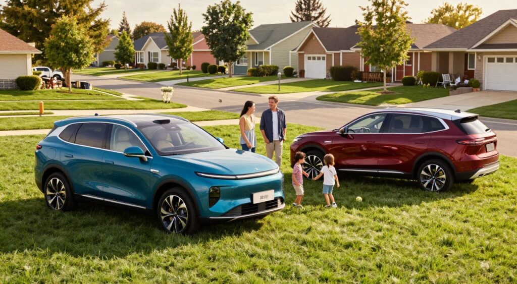 A modern family-friendly car scene in a spacious suburban environment. In the foreground, a sleek, new SUV with a polished exterior is parked alongside a well-maintained lawn, featuring bright colors like azure blue and deep crimson. In the middle ground, two adults in modest casual clothing engage in cheerful conversation while their children play nearby. The background captures a vibrant neighborhood with tree-lined streets and family-friendly homes, bathed in warm, golden hour lighting. The angle is slightly low, emphasizing the car’s stylish features while enhancing the family atmosphere. The mood is joyful and inviting, depicting a harmonious family life centered around modern convenience and safety.