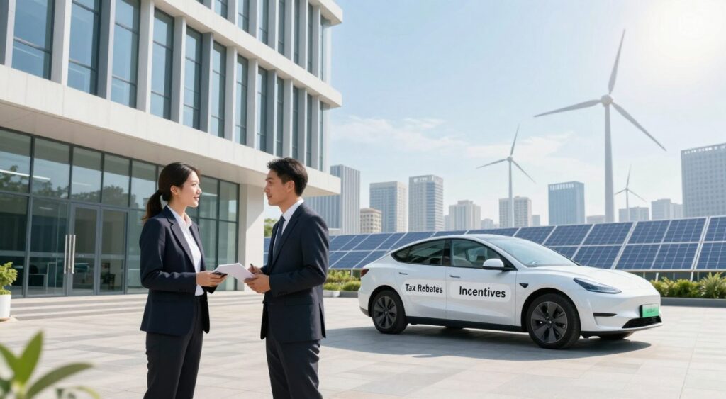 A modern government office building in the foreground, showcasing a professional-looking person in business attire discussing electric vehicle incentives with a colleague. In the middle ground, a sleek electric vehicle parked, with signage indicating "Tax Rebates" and "Incentives". The background features a city skyline with solar panels and wind turbines symbolizing sustainability and future energy. Bright, natural lighting illuminates the scene, creating a hopeful and innovative atmosphere. A slight lens flare adds warmth to the image, capturing the essence of a greener future powered by electric vehicles. The angle is slightly high, giving a panoramic view of the conversation and the electric vehicle in focus, emphasizing the importance of government support in the transition to electric mobility.