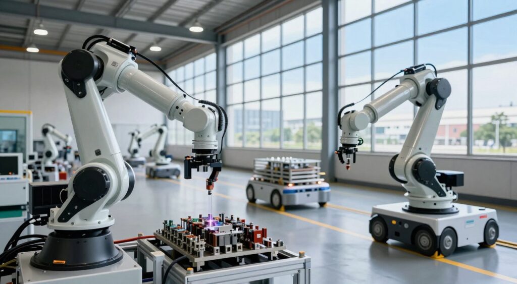A modern, high-tech manufacturing facility showcases autonomous systems at work. In the foreground, a sleek, robotic arm skillfully assembles intricate components with precision. In the middle, several autonomous guided vehicles (AGVs) transport materials along well-organized routes, highlighting efficiency and coordination. The background features a wall of large windows, allowing natural light to flood the space, enhancing a sense of openness and innovation. The atmosphere is dynamic and energetic, with soft but focused lighting illuminating key systems, suggesting a productive and advanced technological environment. A clear blue sky can be seen through the windows, symbolizing a bright future for manufacturing industries. No people are depicted, focusing entirely on the cutting-edge machinery.