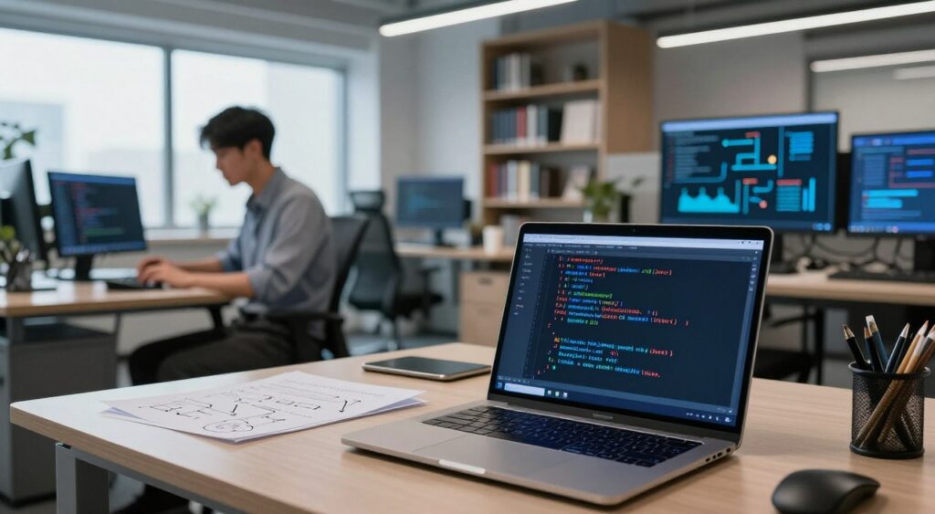 A modern, high-tech workspace depicting the essence of optimizing algorithms in C programming. In the foreground, a laptop with lines of efficient C code on the screen, illuminated by a soft blue glow. To the left, a professional dressed in smart casual attire, deeply focused on coding, surrounded by notes and algorithm flowcharts. In the middle ground, shelves filled with programming books and digital displays showcasing visual representations of data structures and algorithms. The background features a bright and spacious office with large windows, allowing natural light to create a vibrant atmosphere. The overall mood is one of concentration, innovation, and productivity, highlighting the art of writing efficient C code in a sleek, cutting-edge environment.