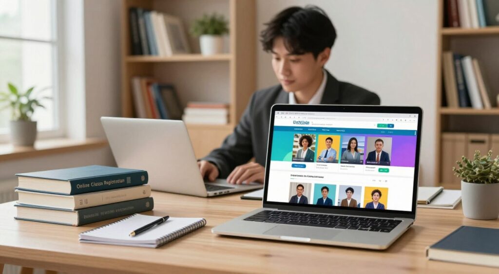 A modern, inviting scene depicting online class registration on a well-organized desk. In the foreground, a laptop displays a vibrant website for selecting courses, featuring colorful thumbnails of classes and clear navigation buttons. A neatly arranged stack of books and a notepad with a pen sit beside the laptop. The middle layer reveals a focused student, dressed in professional business attire, engaged in the registration process, their face illuminated by the soft glow of the screen. In the background, a cozy study environment with bookshelves filled with educational materials and a potted plant adds warmth. The lighting is bright and natural, coming through a window off to one side, creating an atmosphere of motivation and productivity, perfect for exploring online educational opportunities.