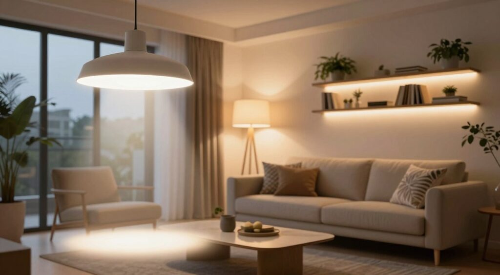 A modern living room showcasing an array of LED lighting solutions, with warm and cool white lights elegantly illuminating various areas. In the foreground, a sleek pendant light hangs above a contemporary coffee table, creating a cozy atmosphere. The middle ground features a stylish floor lamp casting a soft glow, beside a plush sofa adorned with decorative cushions. In the background, ambient LED strip lights subtly accentuate wall shelves filled with plants and books. The room has large windows allowing natural sunlight to blend harmoniously with the artificial light. Capture this scene from a wide angle to emphasize the overall design, using a soft focus to enhance the inviting mood. The setting should reflect a balance of modern aesthetics and comfort, illustrating the benefits of using LED lights in enhancing home ambiance.