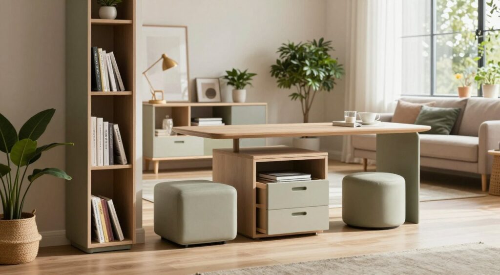A modern living space showcasing innovative slim storage solutions. In the foreground, sleek, multi-functional furniture like a narrow bookshelf, an elegant console table with built-in drawers, and minimalist storage ottomans. The middle ground features a cozy, well-organized living area with potted plants and stylish decor, emphasizing a clutter-free environment. In the background, light floods through large windows, creating a warm and inviting atmosphere with soft shadows. Capture the scene with a wide-angle lens to enhance the feeling of spaciousness. The overall mood should be calm and harmonious, highlighting effective use of compact furniture to maximize storage without compromising aesthetics. The color palette should include soft neutrals and calming greens.