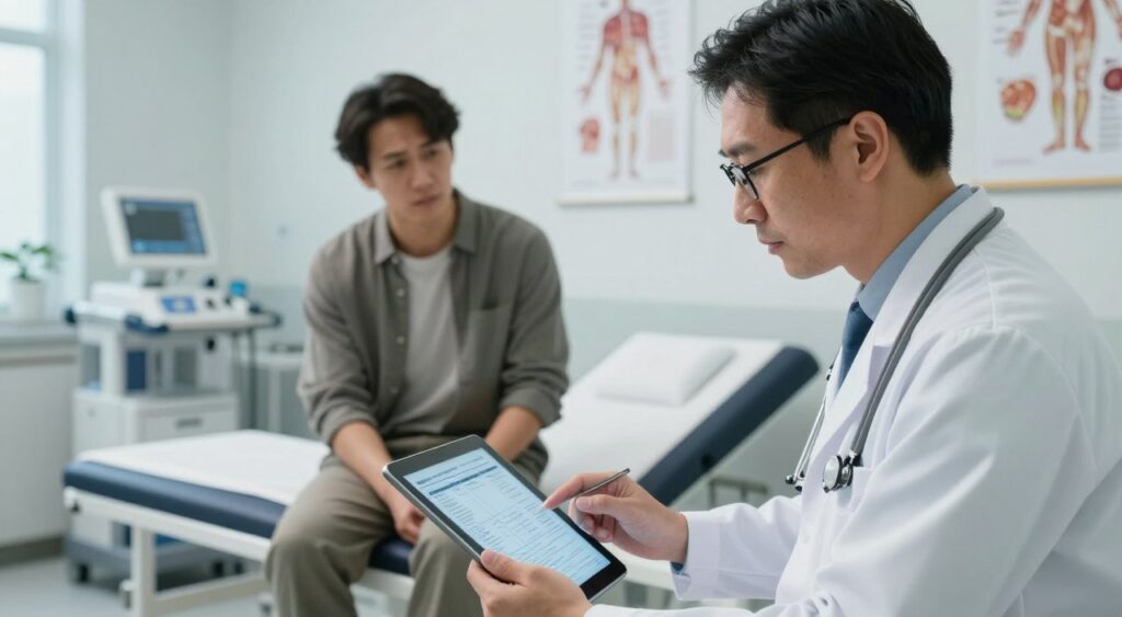 A modern medical office scene showcasing a professional medical diagnosis. In the foreground, a focused healthcare professional in a white coat, wearing glasses, examines a patient’s medical reports on a digital tablet. The middle layer features a patient seated on an examination table, appearing slightly anxious yet hopeful, dressed in modest, casual clothing. The background captures sleek medical equipment and anatomical posters on the walls, adorned with soft lighting that enhances the clinical yet reassuring atmosphere. The camera angle is slightly angled downwards to create a sense of intimacy and focus on the interaction. The overall mood is serious, reflecting the significance of professional diagnostics in healthcare.