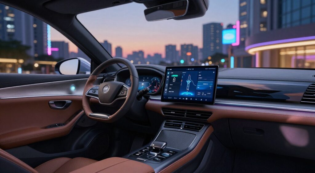 A modern mid-size sedan parked on a sleek, reflective surface, showcasing innovative technology trends in automotive design. The car features a futuristic dashboard with a digital interface displaying advanced navigation, an interactive touchscreen, and smart connectivity options. In the foreground, a close-up of the vehicle’s premium materials, such as leather seats and polished controls, emphasizes luxury. The middle ground includes dynamic lighting that highlights the car's stylish LED headlights and streamlined body. In the background, a blurred cityscape at dusk, illuminated with vibrant neon lights, adds an energetic urban feel. The mood is sophisticated yet approachable, capturing the essence of innovation in the automotive industry. Use a wide-angle lens to enhance depth and clarity, achieving a high-resolution, visually striking image.