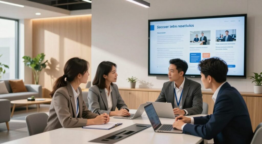 A modern office environment showcasing a professional after-sales service team engaged in assisting customers. In the foreground, a diverse team of three individuals—one woman and two men—dressed in business attire, are attentively discussing a customer’s needs at a sleek conference table. The middle section reveals a large wall with an informative display of case studies highlighted on screens, demonstrating successful after-sales scenarios. In the background, a welcoming reception area features comfortable seating and plants, creating a warm atmosphere. Soft, natural lighting filters through large windows, casting gentle shadows, while the overall mood is collaborative and supportive, emphasizing the importance of exceptional customer service. A modern office environment showcasing a professional after-sales service team engaged in assisting customers. In the foreground, a diverse team of three individuals—one woman and two men—dressed in business attire, are attentively discussing a customer’s needs at a sleek conference table. The middle section reveals a large wall with an informative display of case studies highlighted on screens, demonstrating successful after-sales scenarios. In the background, a welcoming reception area features comfortable seating and plants, creating a warm atmosphere. Soft, natural lighting filters through large windows, casting gentle shadows, while the overall mood is collaborative and supportive, emphasizing the importance of exceptional customer service.