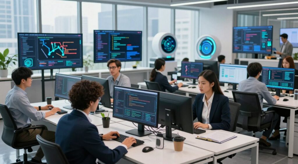 A modern office environment, showcasing various computer science applications that enhance productivity and efficiency. In the foreground, a diverse group of professionals, dressed in business attire, collaborate around a sleek, high-tech workstation, analyzing data on multi-screen setups. The middle ground features interactive displays and infographics illustrating algorithms and coding processes, surrounded by futuristic tech gadgets. In the background, large windows allow natural light to flood the space, illuminating a city skyline, fostering an innovative atmosphere. Incorporate a soft focus on the background to direct attention to the professionals. The overall mood should be energetic and inspiring, emphasizing the real-world impact of computer science in the workplace. Use bright, vibrant colors with balanced lighting to convey a sense of optimism and progress. A modern office environment, showcasing various computer science applications that enhance productivity and efficiency. In the foreground, a diverse group of professionals, dressed in business attire, collaborate around a sleek, high-tech workstation, analyzing data on multi-screen setups. The middle ground features interactive displays and infographics illustrating algorithms and coding processes, surrounded by futuristic tech gadgets. In the background, large windows allow natural light to flood the space, illuminating a city skyline, fostering an innovative atmosphere. Incorporate a soft focus on the background to direct attention to the professionals. The overall mood should be energetic and inspiring, emphasizing the real-world impact of computer science in the workplace. Use bright, vibrant colors with balanced lighting to convey a sense of optimism and progress.