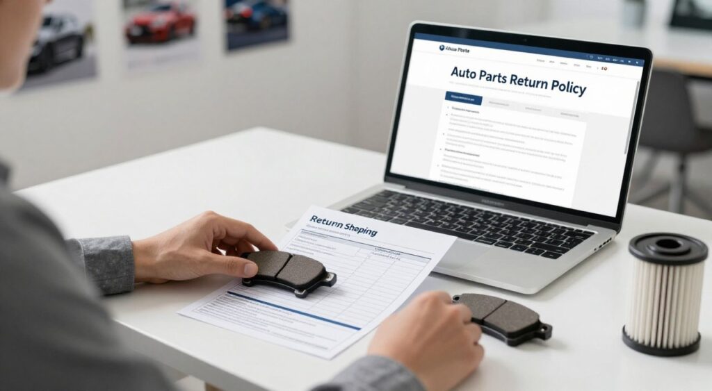 A modern office environment with a sleek desk and a laptop open to a webpage titled "Auto Parts Return Policy." In the foreground, a pair of hands, dressed in modest business attire, are carefully examining automotive parts laid out on the desk, such as a brake pad and a filter. In the middle ground, a clear view of a printed return shipping label rests beside the laptop, with a detailed return process checklist visible. The background features a soft-focus wall with inspirational automotive-themed posters. The lighting is bright and inviting, suggesting a professional and organized atmosphere. The angle is slightly overhead, enhancing the focus on the return process while maintaining a clean, distraction-free composition. The mood is informative and straightforward.