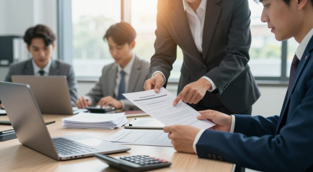 A modern office setting as the foreground, highlighting a diverse group of professional figures interacting over paperwork related to auto loans. One person is seated at a desk, reviewing a loan application on a laptop, while another stands beside them, pointing at a document with detailed financial data. In the middle, stacks of forms and a calculator are scattered, symbolizing the meticulous nature of the application process. The background features a large window with natural sunlight pouring in, giving a sense of hope and clarity. The mood is focused and optimistic, emphasizing professionalism. Use soft, warm lighting to create an inviting atmosphere, and capture the scene with a slight depth-of-field effect to draw attention to the subjects and their interactions.