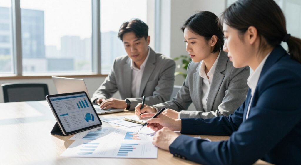 A modern office setting depicting a diverse group of three professionals engaged in a discussion around a large table filled with charts and graphs comparing different Fi buying options. In the foreground, a woman in business attire points at a digital tablet displaying a visual comparison of plans, while a man beside her takes notes with a look of concentration. The background features a large window that allows natural light to stream in, casting soft shadows and creating a bright and inviting atmosphere. A cityscape is visible through the window, adding context to the professional setting. The overall mood is collaborative and analytical, emphasizing informed decision-making in a financial context. The angle captures the three subjects and their engagement with the comparison materials.