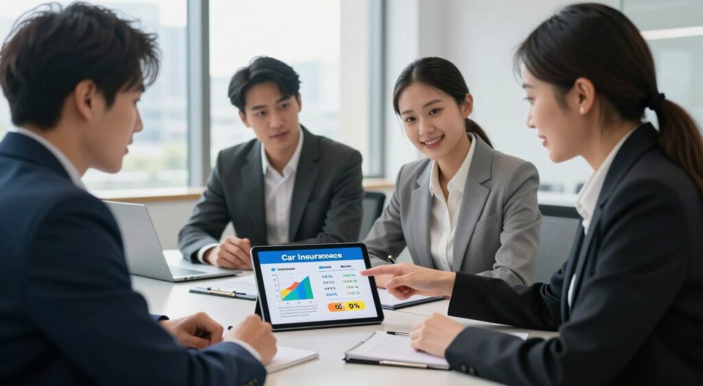 A modern office setting with a diverse group of three professionals—two men and one woman—engaged in a friendly discussion. The woman, wearing a smart blazer, points to a digital tablet displaying a car insurance comparison chart. In the foreground, the tablet is prominently featured, showcasing colorful graphs and percentages comparing different insurance rates. In the middle, the three professionals are seated around a sleek conference table with notepads and pens, appearing focused and collaborative. The background reveals a bright office with large windows letting in natural light, cityscape visible. The mood is productive and positive, emphasizing teamwork and informed decision-making in finding the best car insurance rates. Use soft, inviting lighting to enhance the professional atmosphere, captured from a slightly elevated angle. A modern office setting with a diverse group of three professionals—two men and one woman—engaged in a friendly discussion. The woman, wearing a smart blazer, points to a digital tablet displaying a car insurance comparison chart. In the foreground, the tablet is prominently featured, showcasing colorful graphs and percentages comparing different insurance rates. In the middle, the three professionals are seated around a sleek conference table with notepads and pens, appearing focused and collaborative. The background reveals a bright office with large windows letting in natural light, cityscape visible. The mood is productive and positive, emphasizing teamwork and informed decision-making in finding the best car insurance rates. Use soft, inviting lighting to enhance the professional atmosphere, captured from a slightly elevated angle.