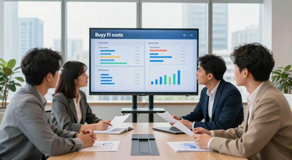 A modern office space focusing on the concept of buying Fi costs. In the foreground, a diverse group of three business professionals in smart casual attire are gathered around a sleek conference table, analyzing financial documents with expressions of concentration. In the middle, a large digital screen displays various cost breakdowns related to buying Fi, illustrated with colorful, easy-to-read charts and graphs. The background features a large window revealing a city skyline, with bright natural light streaming in, creating a warm and inviting atmosphere. The scene is shot from a slightly elevated angle, emphasizing the interaction among the professionals while highlighting the financial details on the screen. The overall mood is informative and collaborative, capturing the essence of understanding costs in a business environment.