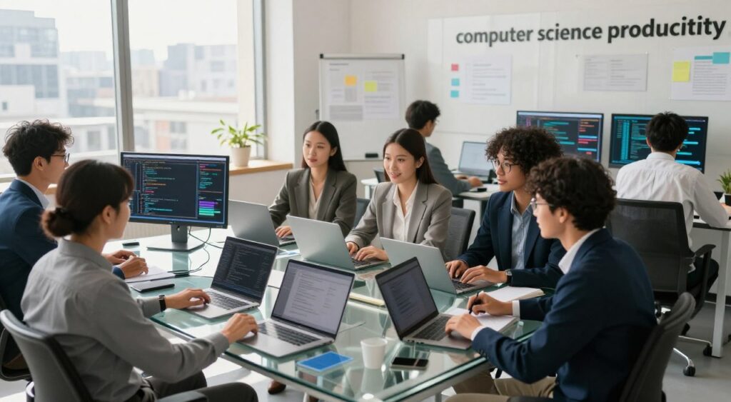 A modern office workspace showcasing "computer science productivity." In the foreground, a diverse group of professionals dressed in business attire is engaged in a collaborative discussion around a sleek, glass table filled with laptops and notepads. The middle ground features whiteboards and monitors displaying colorful data visualizations and coding interfaces. The background includes a sunlight-filled window with a cityscape view, creating an inspiring atmosphere. Utilize natural lighting to highlight the workspace, with soft shadows adding depth. The angle should be slightly elevated, capturing the energy and focus of the team. Aim for an atmosphere of innovation and efficiency, emphasizing teamwork and positive user feedback. A modern office workspace showcasing "computer science productivity." In the foreground, a diverse group of professionals dressed in business attire is engaged in a collaborative discussion around a sleek, glass table filled with laptops and notepads. The middle ground features whiteboards and monitors displaying colorful data visualizations and coding interfaces. The background includes a sunlight-filled window with a cityscape view, creating an inspiring atmosphere. Utilize natural lighting to highlight the workspace, with soft shadows adding depth. The angle should be slightly elevated, capturing the energy and focus of the team. Aim for an atmosphere of innovation and efficiency, emphasizing teamwork and positive user feedback.