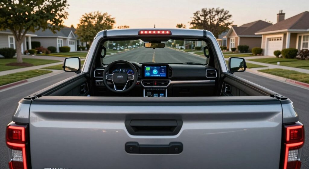 A modern pickup truck equipped with advanced driver assistance systems, prominently displayed in the foreground, showcasing features like adaptive cruise control sensors, lane-keeping assist cameras, and parking assist sensors. The middle layer features a well-lit interior with digital displays highlighting safety features, including collision warnings and blind-spot detection. In the background, a serene suburban neighborhood with tree-lined streets, symbolizing a safe driving environment. The scene is captured during golden hour for warm, inviting lighting, shot from a low angle to emphasize the truck’s robust design and technological sophistication. The atmosphere conveys a sense of safety, reliability, and advanced innovation, perfect for showcasing essential safety features for potential buyers.