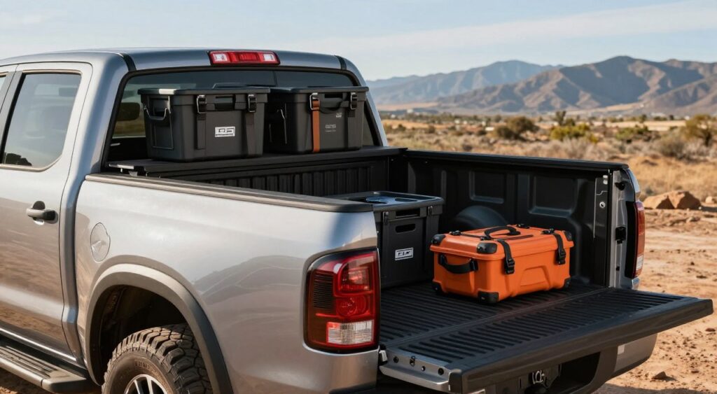 A modern pickup truck parked in a well-organized cargo management area, showcasing its spacious bed filled with essential cargo management solutions like bins, straps, and a rugged toolset. In the foreground, the truck's polished exterior reflects the soft sunlight, highlighting the glossy paint. The middle layer includes detailed items in the truck bed, arranged neatly to suggest practicality and efficiency, with a hint of rugged terrain in the dirt underneath. The background features a picturesque landscape with distant mountains and clear blue skies, enhancing the sense of adventure. Use bright, natural lighting to create a warm and inviting atmosphere, capturing the essence of daily utility and reliability in a pickup truck.