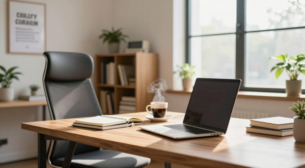 A modern remote workspace set in a bright, airy room with large windows allowing for natural sunlight to illuminate the space. In the foreground, a sleek wooden desk showcases a laptop, a neatly arranged set of notebooks, and a steaming cup of coffee. A comfortable ergonomic chair is pushed slightly back, inviting a break. The middle background features a well-organized bookshelf filled with books and plants, adding a touch of greenery. On the wall, a motivational poster hangs framed. The soft, warm lighting creates an inviting atmosphere, enhancing productivity. The scene captures a calm, focused mood ideal for remote work, encouraging a sense of balance between professionalism and comfort. Subtle lens depth draws attention to the desk, inviting the viewer into the workspace.