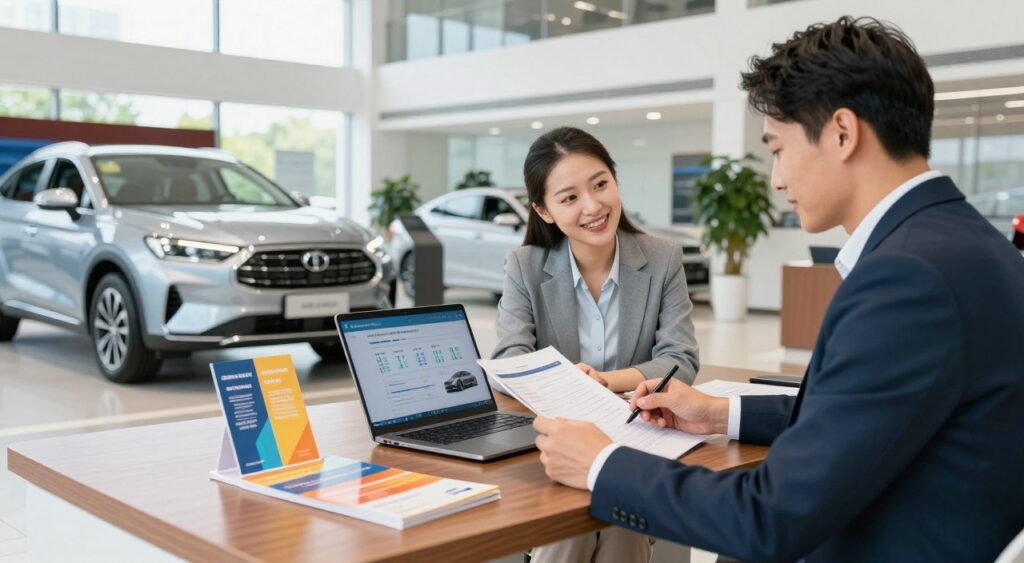 A modern, sleek car dealership interior showcasing various car loan options. In the foreground, a consultant in professional business attire is sitting at a polished wooden desk, reviewing financial documents with a satisfied couple who appear eager and optimistic. In the middle, the desk is adorned with colorful brochures and a laptop displaying car loan details, while a stylish car is visible through the showroom window. The background features clean, bright lighting, accentuating the modern design of the dealership with large windows and contemporary decor. The atmosphere conveys professionalism and trust, evoking a sense of excitement about securing the perfect car loan. The image is shot at a slight angle to create depth and warmth, inviting viewers into the scene. A modern, sleek car dealership interior showcasing various car loan options. In the foreground, a consultant in professional business attire is sitting at a polished wooden desk, reviewing financial documents with a satisfied couple who appear eager and optimistic. In the middle, the desk is adorned with colorful brochures and a laptop displaying car loan details, while a stylish car is visible through the showroom window. The background features clean, bright lighting, accentuating the modern design of the dealership with large windows and contemporary decor. The atmosphere conveys professionalism and trust, evoking a sense of excitement about securing the perfect car loan. The image is shot at a slight angle to create depth and warmth, inviting viewers into the scene.