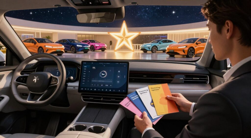 A modern, sleek car interior showcasing financing options, featuring a stylish dashboard with a digital display. In the foreground, a professional person in business attire is reviewing a variety of colorful brochures titled “Financing Options” laid out on the passenger seat. The middle ground highlights a large window view of a luxury star-themed dealership filled with a range of star cars in vibrant colors under warm, inviting lighting. The background features a starry night skyline that enhances the cosmic theme, creating an exciting atmosphere. Soft, ambient lighting from the dashboard illuminates the scene, capturing a sense of aspiration and opportunity, inviting viewers into the world of car financing in a dreamy, optimistic setting.