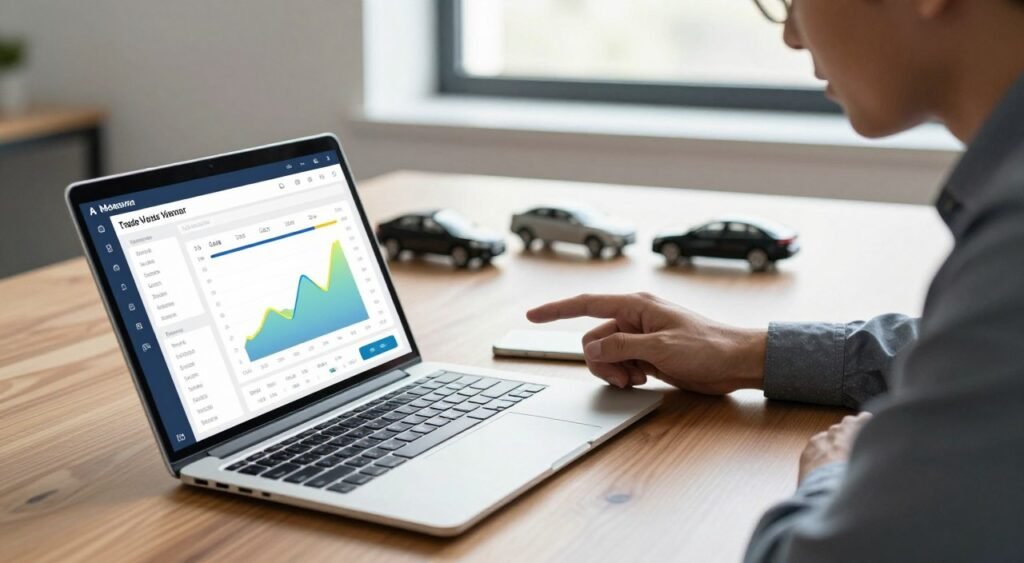 A modern trade-in value calculator interface displayed on a sleek laptop on a polished wooden desk. The foreground features the laptop screen showing an interactive calculator with vibrant graphs and sliders for car value assessment. To the right, a professional dressed in smart casual attire intently analyzes the data, with a focused expression. In the middle background, various car models are depicted as silhouettes, representing different vehicle types and values. Soft natural light streams in from a nearby window, creating an inviting and calm atmosphere. The overall mood conveys professionalism and clarity, emphasizing efficiency in the car trading process. The angle is slightly elevated, offering a comprehensive view of the scene without any text or distractions.