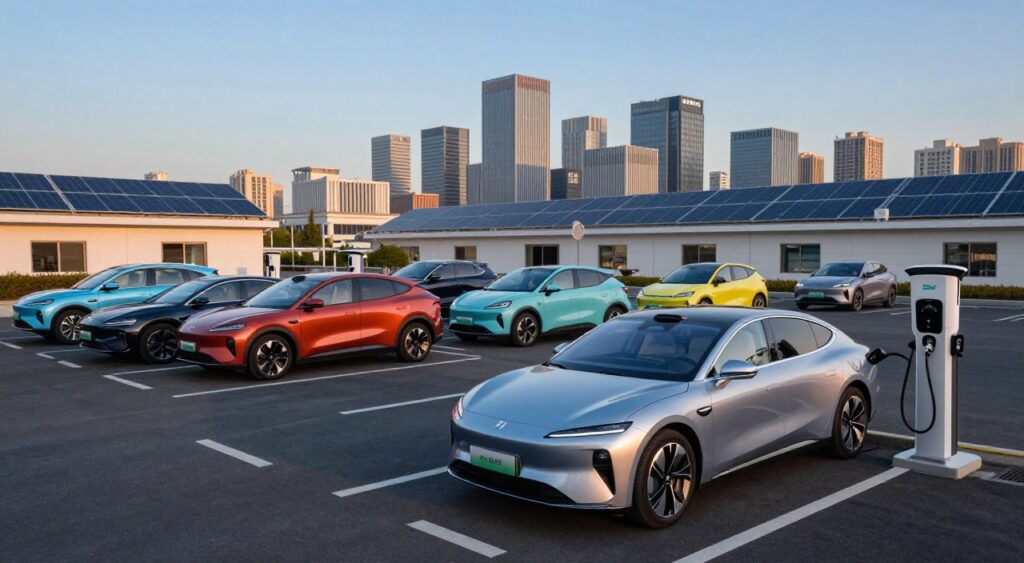 A modern urban landscape showcasing a variety of electric vehicles parked alongside a bustling city street. In the foreground, highlight a sleek, futuristic electric sedan with gleaming paint and sharp lines, charging at a designated station. The middle ground features a diverse selection of electric cars, including an SUV and a compact hatchback, all in vibrant colors, emphasizing the growing popularity of eco-friendly transportation. The background shows a contemporary city skyline under a clear blue sky, with solar panels on rooftops, symbolizing sustainability. Soft evening light casts a warm glow, enhancing the inviting atmosphere. Capture the scene from a slightly elevated angle to provide a comprehensive view, evoking a sense of innovation and progress in the automotive industry.