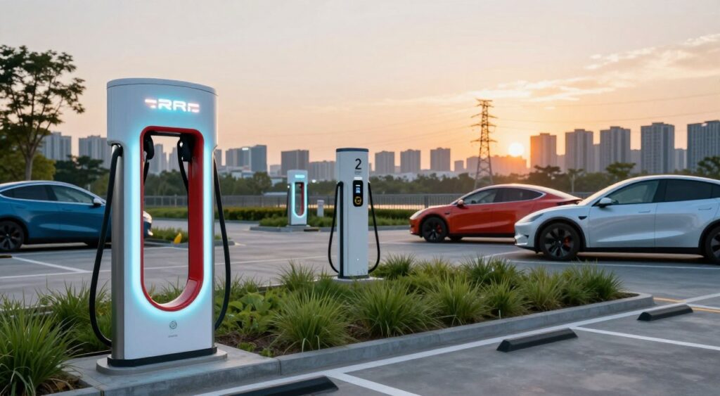 A modern urban landscape showcasing various types of electric vehicle charging stations. In the foreground, feature a sleek, fast-charging station with a futuristic design, illuminated by bright LED lights. In the middle ground, show a standard Level 2 charger surrounded by green landscaping and a couple of parked electric cars in vibrant colors. In the background, include a city skyline bathed in the warm glow of sunset, with electricity-themed art installations subtly integrated into the environment. The image should have a clean, futuristic look, emphasizing sustainability and innovation. Use a wide-angle lens perspective to capture the breadth of the scene, creating an inviting and optimistic atmosphere for the future of electric transportation.