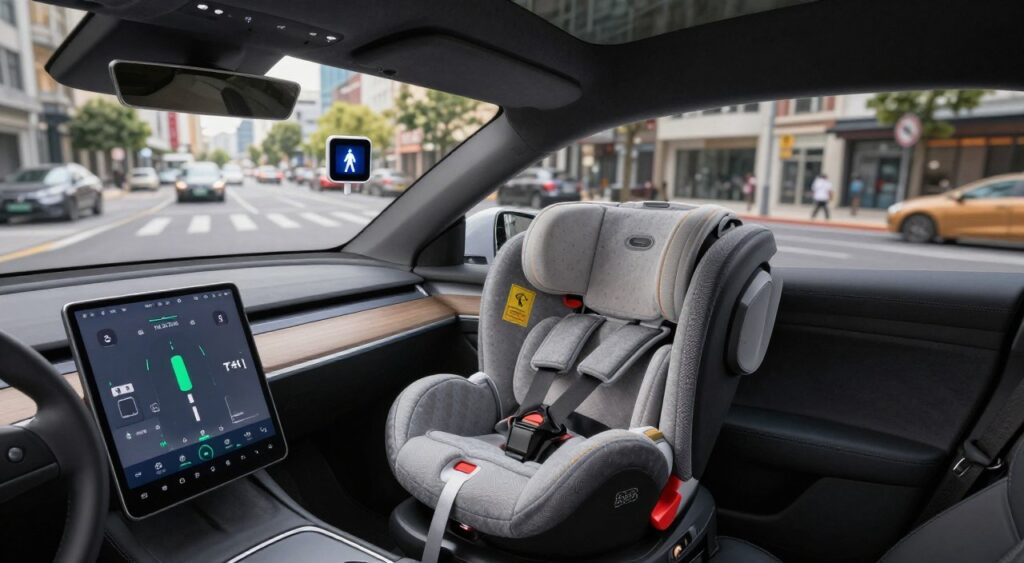 A modern vehicle interior showcasing advanced safety features in a well-lit environment. In the foreground, a close-up of a high-tech dashboard displaying various safety alerts, including lane departure warnings and collision detection systems. The middle layer features the sleek design of a car seat equipped with integrated side airbags and a child safety seat in a stylish fabric. In the background, a panoramic view of a busy urban street through the windshield, highlighting safety elements like pedestrian detection systems and adaptive cruise control. The atmosphere is professional and optimistic, illuminated by soft, natural lighting to emphasize the innovative technology and emphasis on safety in modern vehicles. The angle is slightly elevated, capturing the depth and complexity of the interior design.