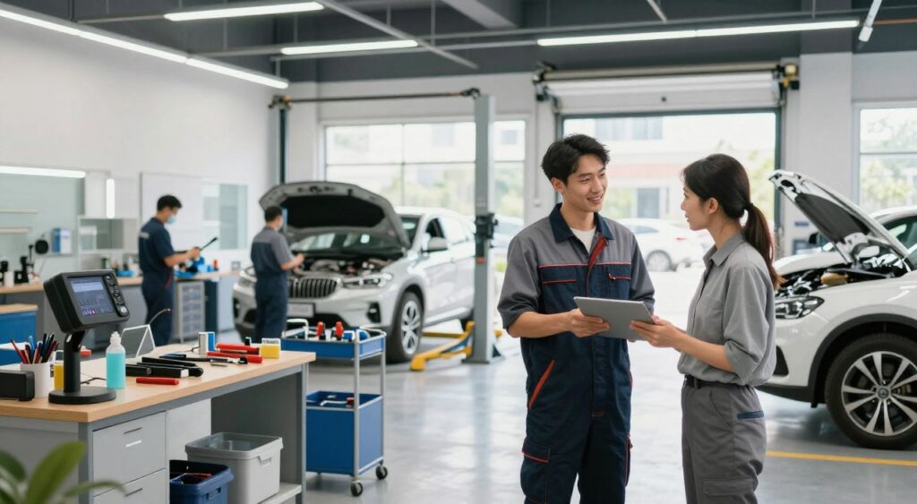 A modern, well-lit auto body repair shop interior, featuring a clean and organized workspace. In the foreground, a friendly and professional technician in a branded uniform is assisting a customer, both engaged in a discussion about vehicle repair. The middle ground showcases pristine auto repair equipment and tools, along with several cars being worked on by skilled staff. The background displays an open garage door revealing a bright daylight scene outside, enhancing the welcoming atmosphere. Soft, natural lighting floods the space, creating a warm and inviting mood. The scene captures the essence of excellent customer service in the auto body repair industry, emphasizing professionalism, care, and a commitment to quality workmanship.