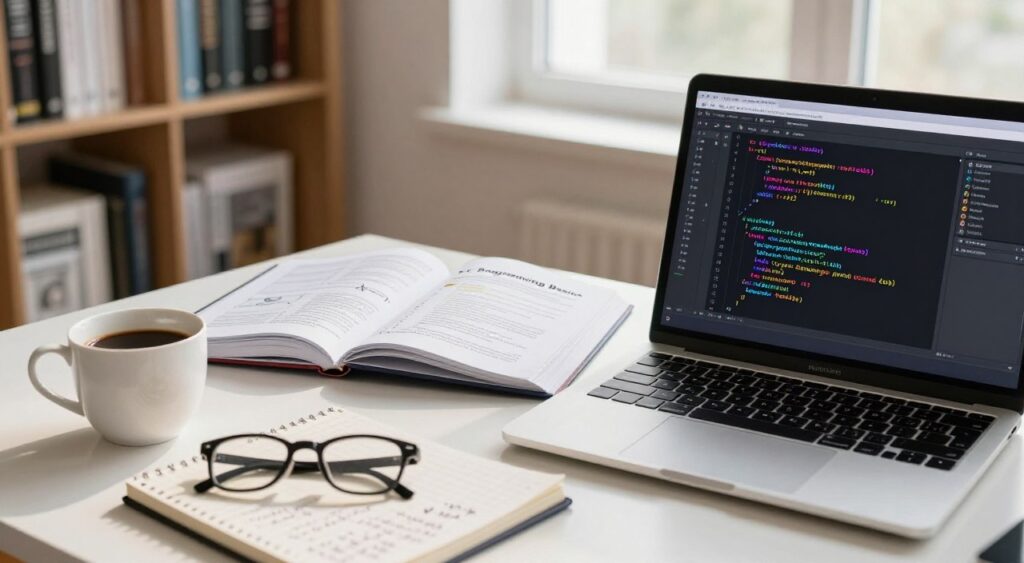 A modern workspace featuring a close-up view of a laptop screen displaying C programming code in an IDE, with colorful syntax highlighting. In the foreground, a neatly organized desk includes a cup of coffee, a notepad filled with handwritten notes, and a pair of glasses. The middle ground features an open book titled "C Programming Basics," with diagrams and code examples visible. The background showcases a softly lit room with bookshelves filled with programming books and a light-filled window, creating a warm, inviting atmosphere for learning. The lighting is bright yet soft, casting gentle shadows, and the angle is slightly overhead, emphasizing the focused study environment.