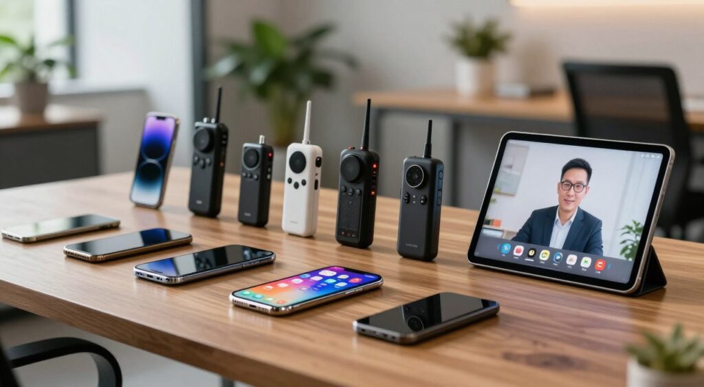 A modern workspace featuring a diverse selection of handheld communication devices, such as smartphones, tablets, and portable communication gadgets, elegantly arranged on a sleek wooden desk. In the foreground, a shiny smartphone lies open, displaying a vibrant app interface, alongside a tablet with a crisp screen showcasing a video call. In the middle, a neatly organized array of devices captures the essence of innovation and connectivity, highlighted by soft, warm ambient lighting. In the background, a blurred view of a modern office with green plants and minimalist decor complements the composition. The atmosphere is professional yet inviting, emphasizing the versatility of mobile technology in everyday life, captured with a shallow depth of field to draw attention to the devices. A modern workspace featuring a diverse selection of handheld communication devices, such as smartphones, tablets, and portable communication gadgets, elegantly arranged on a sleek wooden desk. In the foreground, a shiny smartphone lies open, displaying a vibrant app interface, alongside a tablet with a crisp screen showcasing a video call. In the middle, a neatly organized array of devices captures the essence of innovation and connectivity, highlighted by soft, warm ambient lighting. In the background, a blurred view of a modern office with green plants and minimalist decor complements the composition. The atmosphere is professional yet inviting, emphasizing the versatility of mobile technology in everyday life, captured with a shallow depth of field to draw attention to the devices.